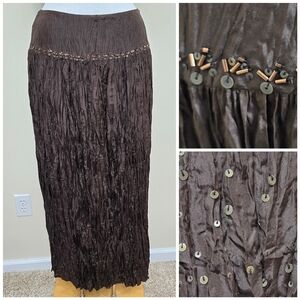 Talbot 100% Silk Maxi Skirt 4 Crinkled Beaded Brown Forest Fairy Boho Festival